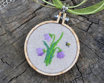 Cross stitched bee and wildflowers pendant with wax cord necklace, embroidered wooden jewelry, custom gift fro gardener, mothers day gift