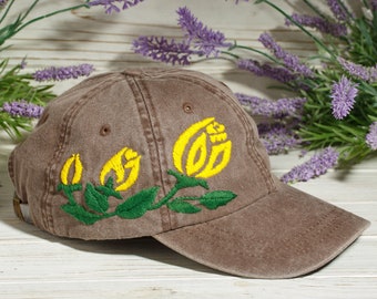 Washed denim distressed dad hat hand stitched with yellow roses, custom floral embroidery, grandma gift