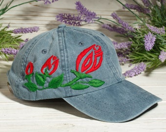 Cotton hand embroidered ball cap with red roses floral pattern, superior gift for mom and grandma