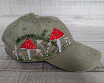 Hand embroidered mushroom hat for woman, hand-stitched forest design ball cap, floral embroidery, personalized gift for nature lovers