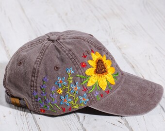 Hand embroidered flower baseball cap, floral embroidery hat for women, echinacea stitched hat, personalized gift for mom, sister, daughter