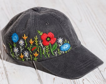 Hand embroidered black cap, custom floral cap, red poppy unique embroidery design, stitched hat with floral embroidery, custom gift for mom