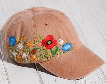 Hand embroidered flower cap, terracotta wildflowers hat for woman, stitched hat with unique floral design, custom holiday gift for her