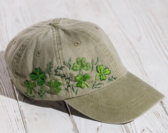 Hand embroidered clovers hat for woman, hand-stitched baseball cap with trefoil, St Patrick floral embroidery, St Patrick's day gift for her
