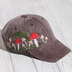 Mushroom hat for women, hand embroidered cotton baseball cap, floral embroidery, personalized birthday gift for her