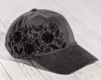 Hand embroidered black baseball cap for women, custom embroidered hat, black threads and beads, personalized gift for a girl, sister, friend