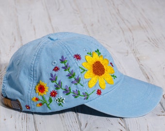 Sunflower hat, hand embroidered custom dad hat with sunflowers, wildflowers and lavender, baseball cap for mother's day gift