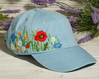 Hand embroidered colorful cap, custom floral cap, red poppy unique embroidery design, stitched hat with floral embroidery, gift for her