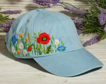 Hand embroidered colorful cap, custom floral cap, red poppy unique embroidery design, stitched hat with floral embroidery, gift for her