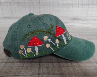 Hand embroidered mushrooms hat for women, hand-stitched cotton baseball cap, floral embroidery, personalized birthday gift for girl, sister