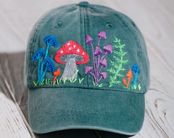 Colorful mushroom hat for women, custom embroidered hat, forest green hat, personalized birthday gift for mom, mothers day gift idea