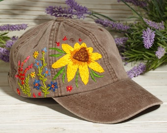 Hand Stitched Flower Hat, Embroidered Baseball Cap, Custom Embroidery Hat, Floral Design Baseball Hat For Women, Cute Hat With Wildflowers