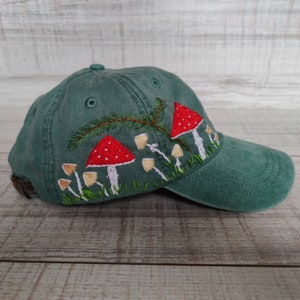 Hand embroidered mushrooms hat for women, hand-stitched cotton baseball cap, floral embroidery, personalized birthday gift for girl, sister