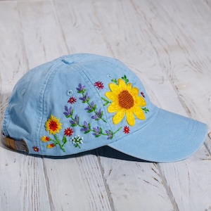 Sunflower hat, hand embroidered custom dad hat with sunflowers, wildflowers and lavender, baseball cap for mother's day gift image 1