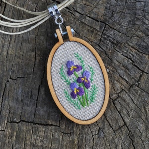 Purple irises embroidery pendant, flower necklace, unique cross stitch jewelry with personalized backing, birthday gift for mom, grandma image 1