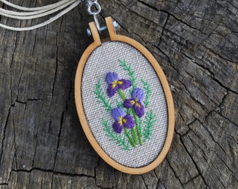 Purple irises embroidery pendant, flower necklace, unique cross stitch jewelry with personalized backing, birthday gift for mom, grandma