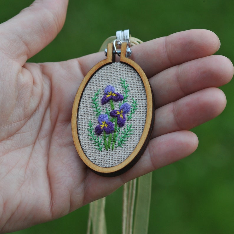 Purple irises embroidery pendant, flower necklace, unique cross stitch jewelry with personalized backing, birthday gift for mom, grandma image 2