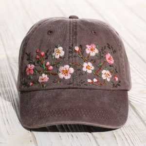 Hand embroidered cherry blossom sakura baseball cap, personalized hat for women, soft cotton festival hat, custom gift for her image 1