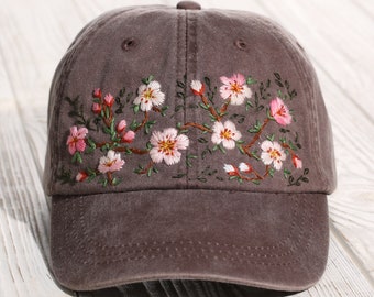 Hand Embroidered Cherry Blossom Sakura Baseball Cap