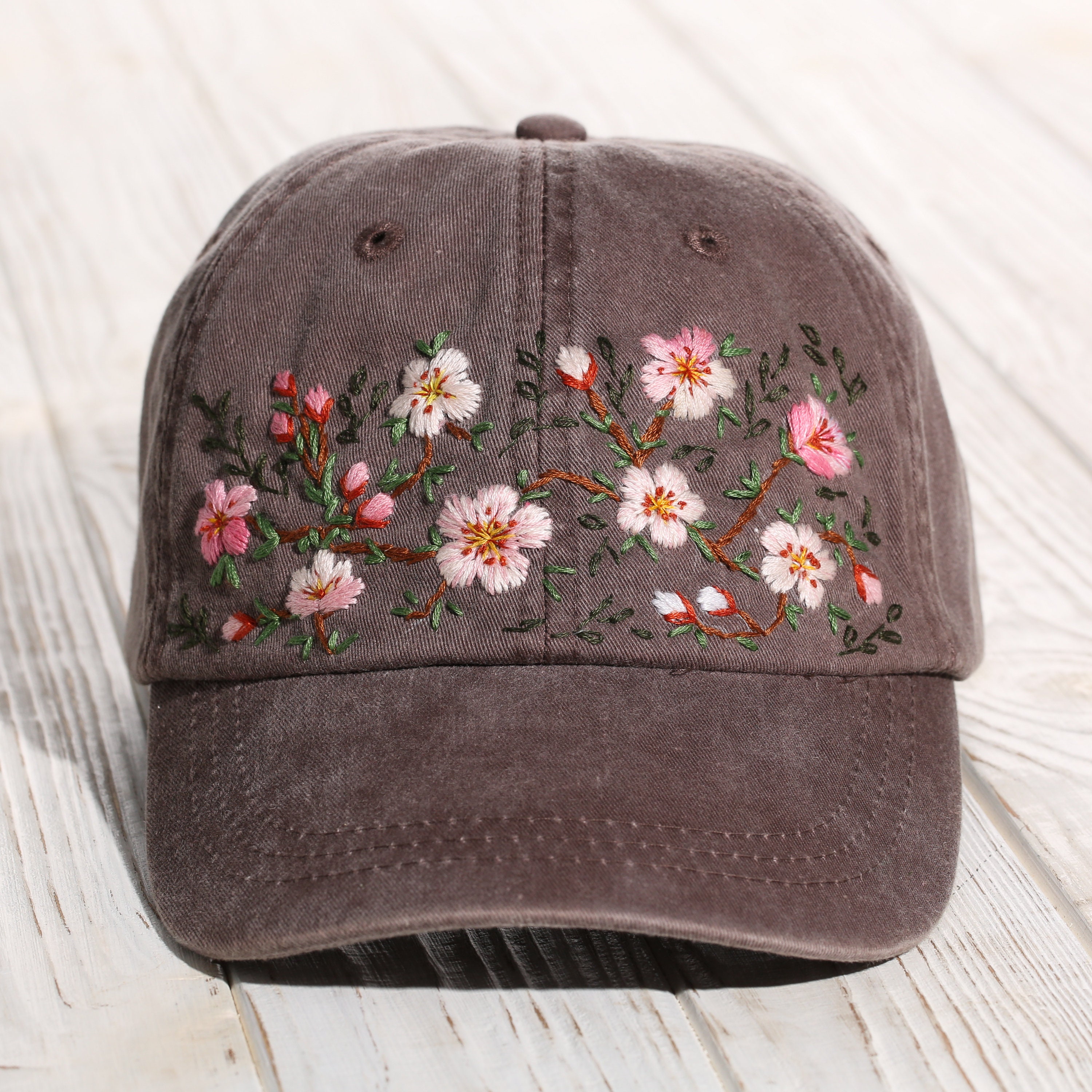 Flower Embroidery Women Baseball Cap, Hand Stitched Hat With