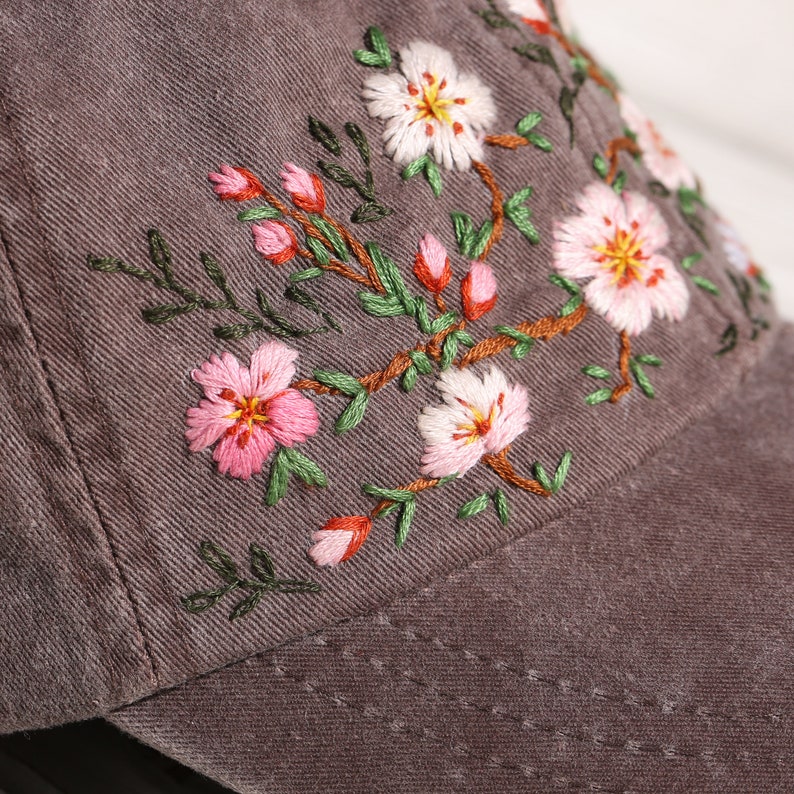 Hand embroidered cherry blossom sakura baseball cap, personalized hat for women, soft cotton festival hat, custom gift for her image 9