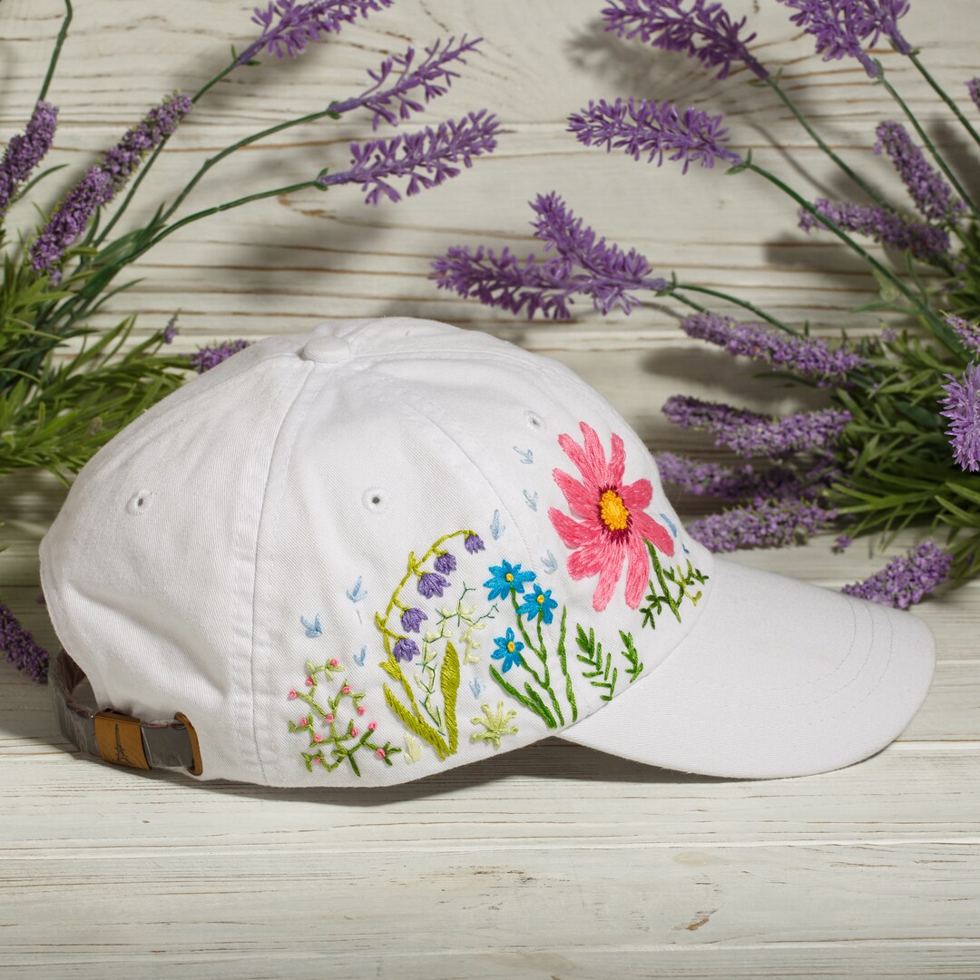 Hand Embroidered Flower Baseball Cap, White Stitched Hat for Women With ...