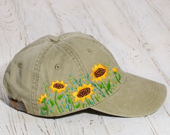 Hand embroidered sunflower hat, custom sunflower embroidery design, unique gift for her