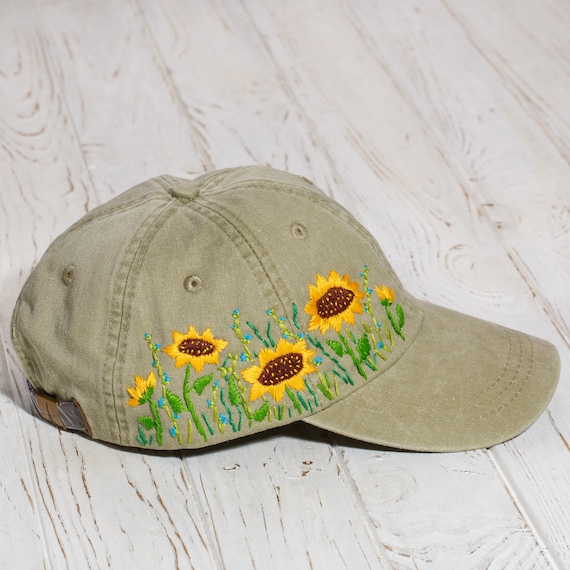 Hand Embroidered Sunflower Hat, Custom Sunflower Embroidery  display picture 1