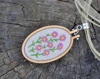 Floral embroidery linen pendant with custom engraved text, handmade elegant wax cord necklace, elegant cross stitch jewelry