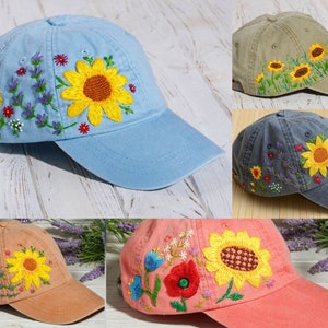 Sunflower hat, hand embroidered custom dad hat with sunflowers, wildflowers and lavender, baseball cap for mother's day gift image 10