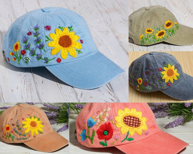 Sunflower hat, hand embroidered custom dad hat with sunflowers, wildflowers and lavender, baseball cap for mother's day gift image 10