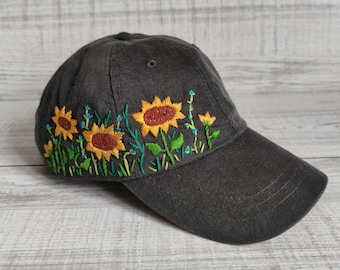 Hand embroidered sunflower hat, custom sunflower embroidery design, unique birthday gift for friend