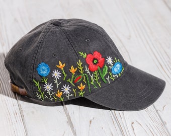 TTT_MSW×ACRMTSM FLOWER EMBROIDERY CAP Hand Embroidered Black Cap, Custom Floral Cap, Red Poppy