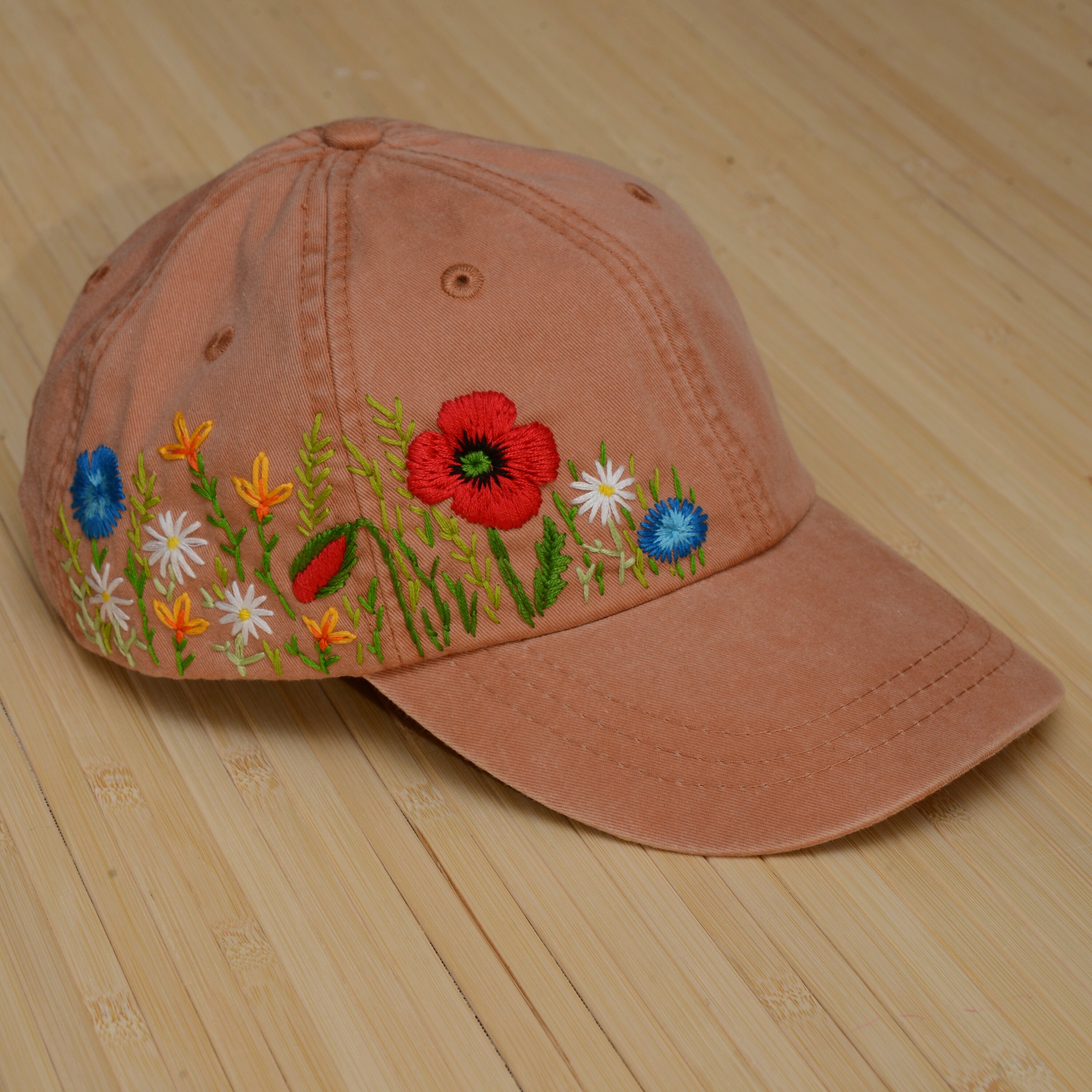 Hand embroidered flower cap terra-cotta wildflowers hat for | Etsy
