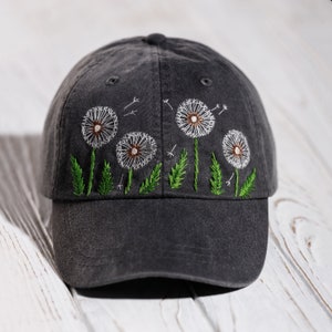 Dandelion wildflowers black baseball cap for women, custom hat with unique embroidery design, hand embroidered personalized gift for her