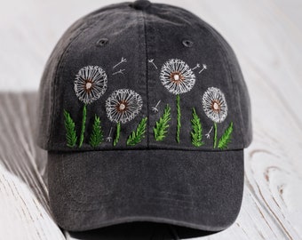 Dandelion wildflowers black baseball cap for women, custom hat with unique embroidery design, hand embroidered personalized gift for her