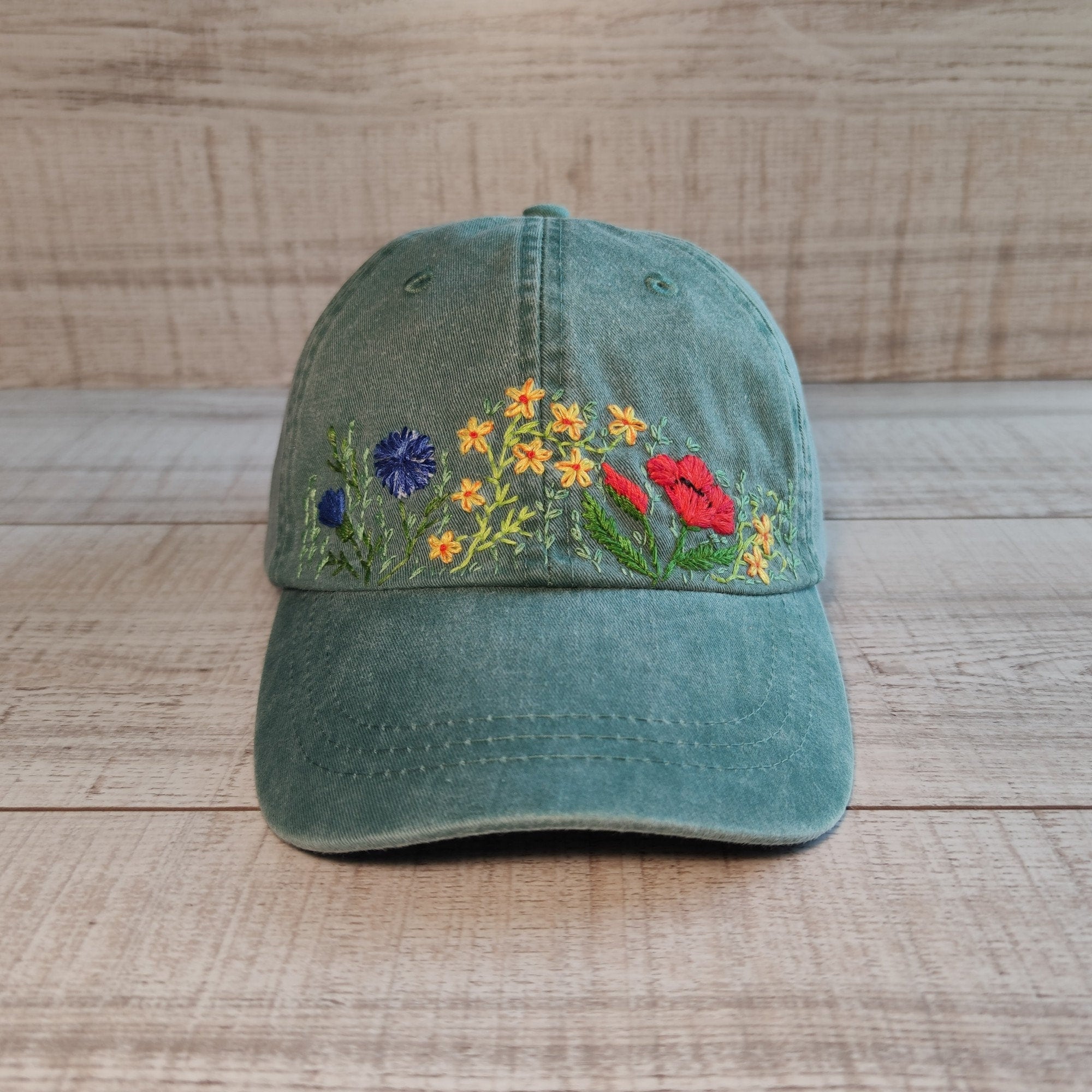Cotton baseball cap hand-embroidered with red poppy and wildflowers pattern, stitched floral hat for woman, made to order gift for her