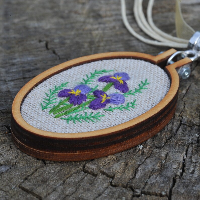 Purple irises embroidery pendant, flower necklace, unique cross stitch jewelry with personalized backing, birthday gift for mom, grandma image 3