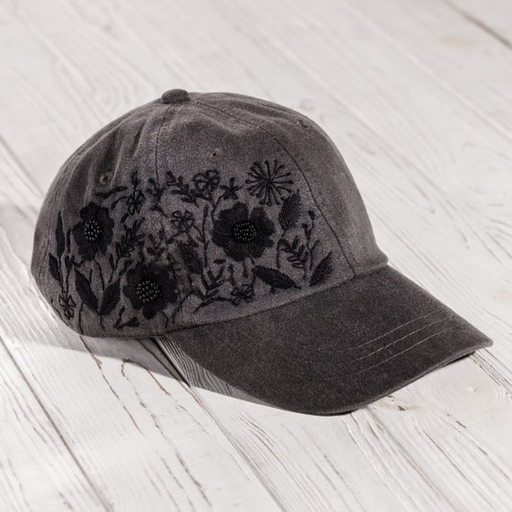 Hand Embroidered Black Baseball Cap for Women, Custom  display picture 3