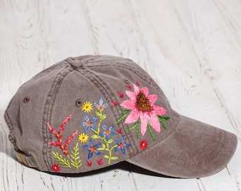 Hand embroidered flower baseball cap, floral embroidery hat for women, echinacea stitched hat, personalized birthday gift for women