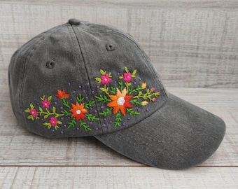 Gray women baseball cap with hand embroidered wildflowers, stitched vintage baseball cap, personalized birthday gift for women