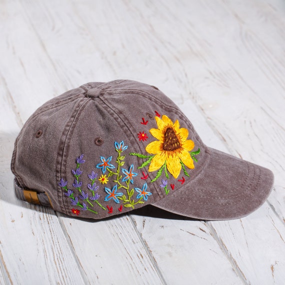 Hand Embroidered Flower Baseball Cap 