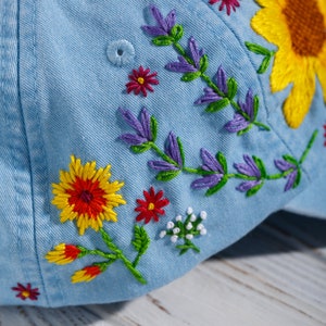 Sunflower hat, hand embroidered custom dad hat with sunflowers, wildflowers and lavender, baseball cap for mother's day gift image 9