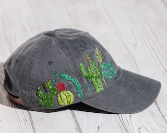 Hand embroidered cactus hat, custom trucker hat with cactus embroidery, cactus plant lover gift, personalised mothers day gift from daughter