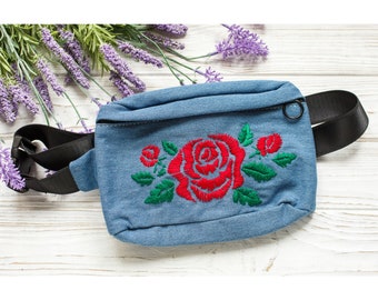 Rose embroidery custom fanny pack, festival bum bag, stitched hip belt bag, gardener gift