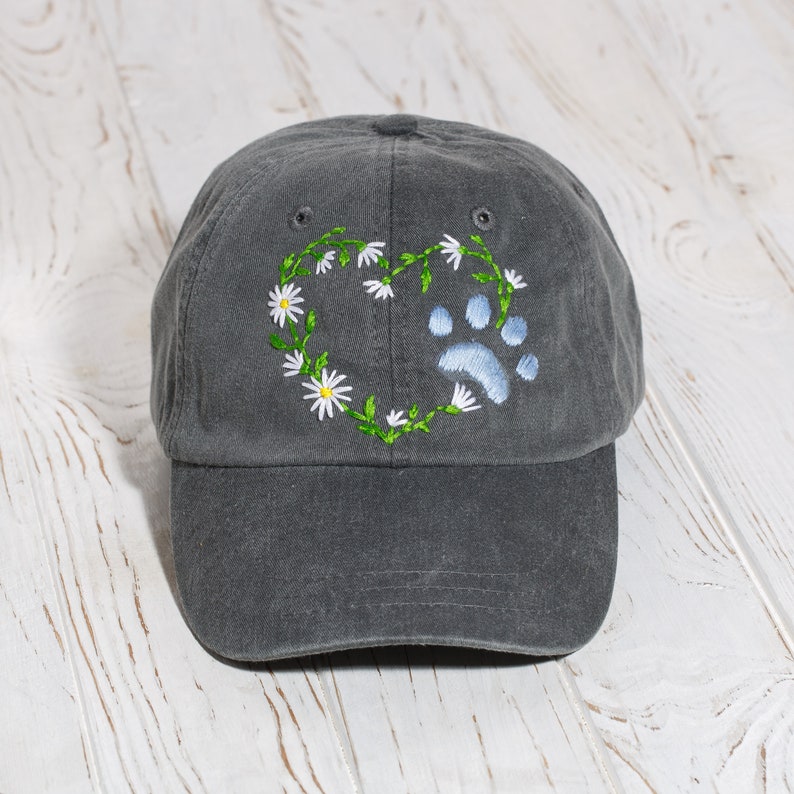 Dog paw hand embroidered hat, stitched dad hat with a dog paw print, custom baseball cap, dog lover hat, dog mom gift image 1