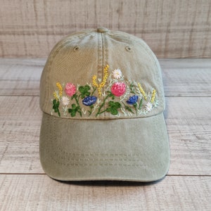 Hand-embroidered wildflower khaki baseball cap, floral embroidery hat with trefoil, clover stitched hat, St Patricks Day Embroidery Designs