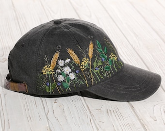 Hand embroidered wildflowers cotton black cap, hand stitched women's hat with floral embroidery, custom gift for women