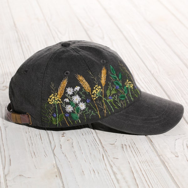 Hand embroidered wildflowers cotton black cap, hand stitched women's hat with floral embroidery, custom gift for women