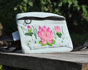 Floral custom fanny pack, flower embroidery waist bag, lotus embroidered handbag, crossbody purse